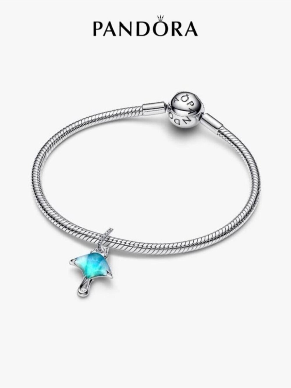 Pandora Silver Bracelet with Blue-Green Opal Manta Ray Charm